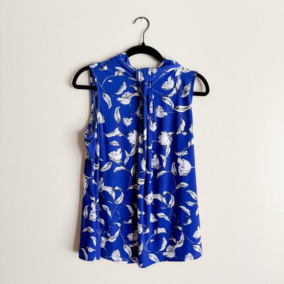 Karl Lagerfeld Paris Blue + White Floral Print Sleeveless Blouse - Large - Picture 1 of 8